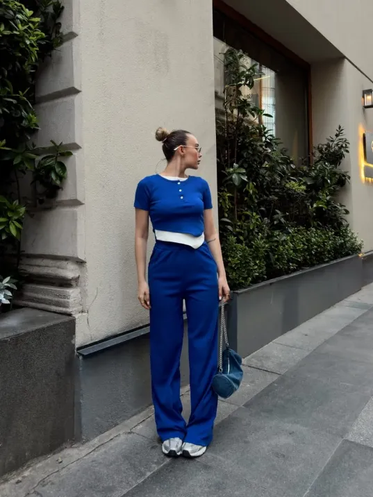 Düğme Yakalı Saks Alt Üst Takım S3943