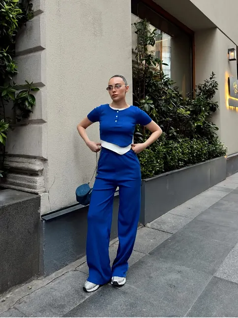 Düğme Yakalı Saks Alt Üst Takım S3943