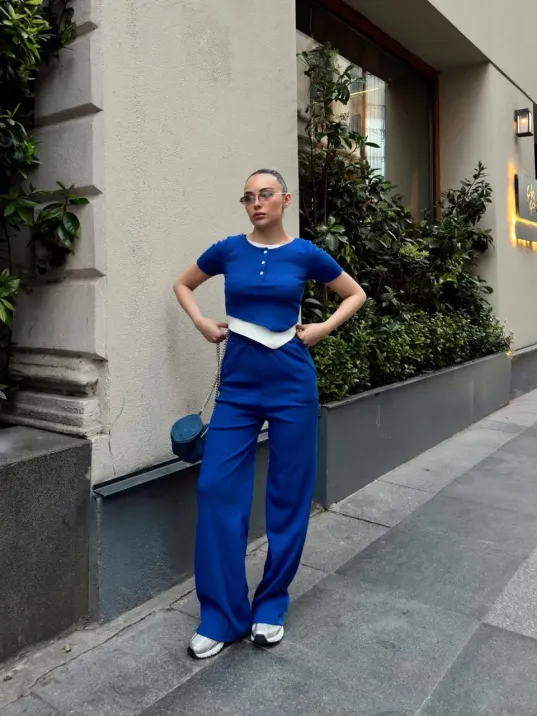 Düğme Yakalı Saks Alt Üst Takım S3943