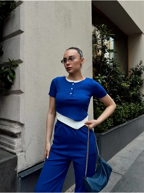 Düğme Yakalı Saks Alt Üst Takım S3943