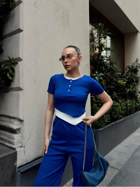 Düğme Yakalı Saks Alt Üst Takım S3943