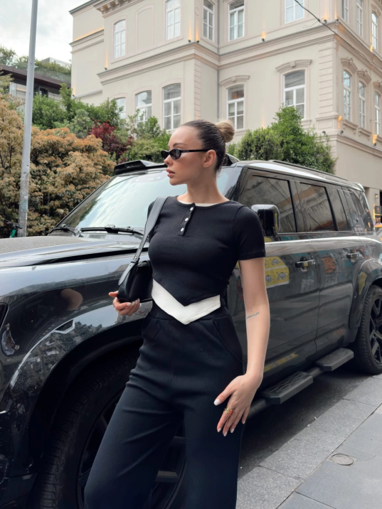 Düğme yakalı siyah alt üst takım s3943 Düğme yakalı siyah alt üst takım s3943