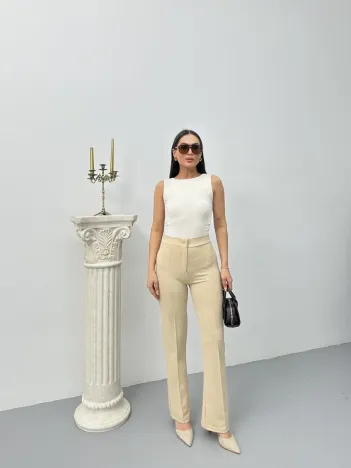 Düğmeli Palazzo Pantolon Bej P170091