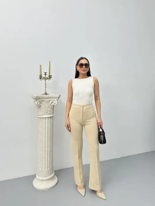 Düğmeli Palazzo Pantolon Bej P170091