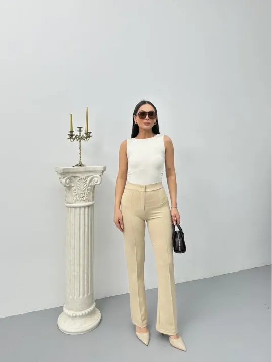 Düğmeli Palazzo Pantolon Bej P170091
