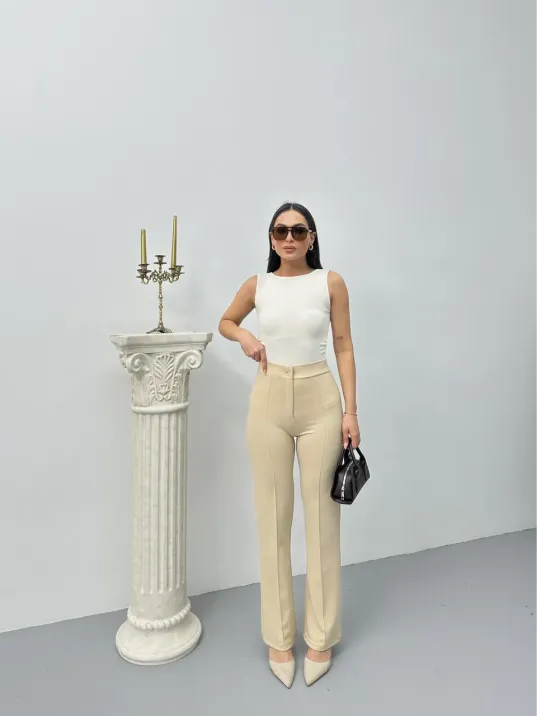 Düğmeli Palazzo Pantolon Bej P170091