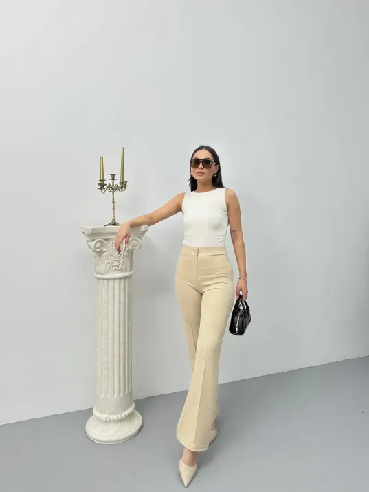 Düğmeli Palazzo Pantolon Bej P170091