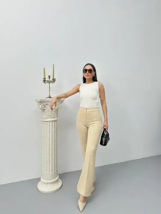 Düğmeli Palazzo Pantolon Bej P170091