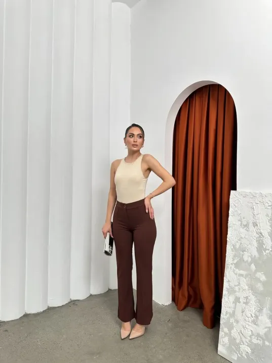Düğmeli Palazzo Pantolon Kahve P170091