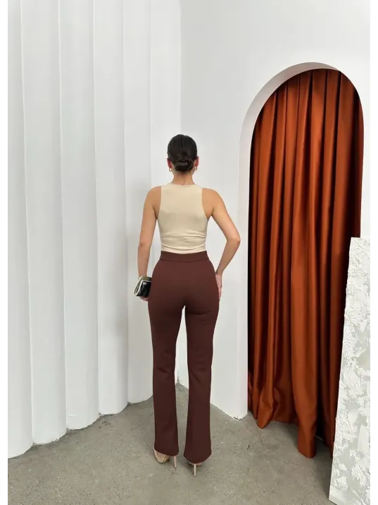 Düğmeli Palazzo Pantolon Kahve P170091