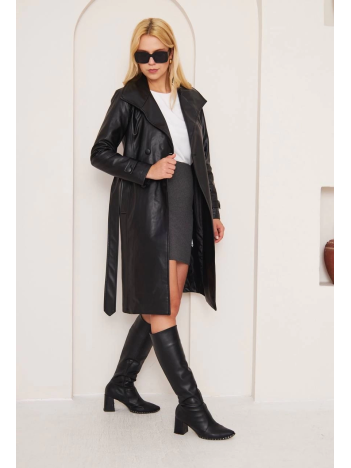 Düğmeli Uzun Deri Kaban