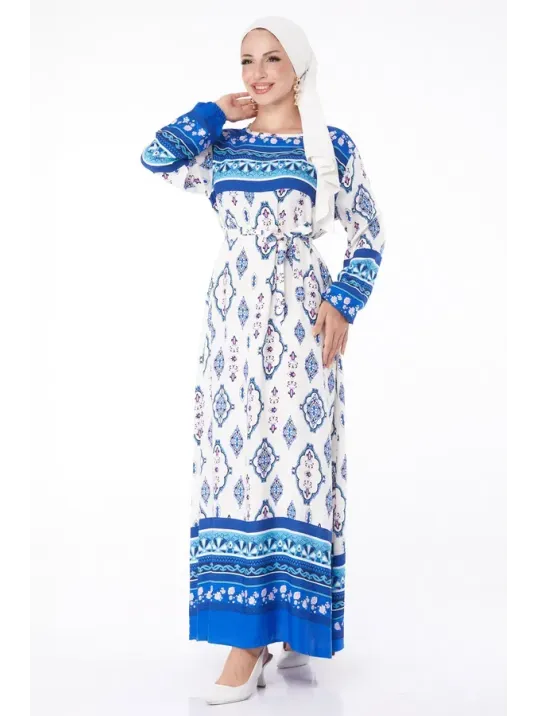 Düz Bisiklet Yaka Kadın Mavi Etnik Desenli Elbise