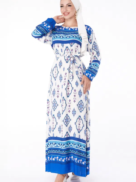 Düz Bisiklet Yaka Kadın Mavi Etnik Desenli Elbise Düz Bisiklet Yaka Kadın Mavi Etnik Desenli Elbise