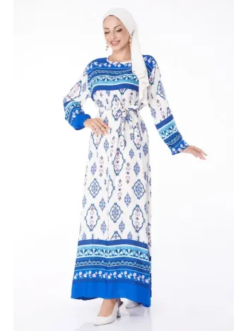 Düz Bisiklet Yaka Kadın Mavi Etnik Desenli Elbise