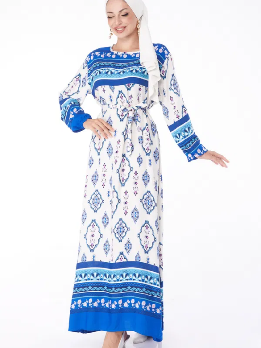 Düz Bisiklet Yaka Kadın Mavi Etnik Desenli Elbise Düz Bisiklet Yaka Kadın Mavi Etnik Desenli Elbise