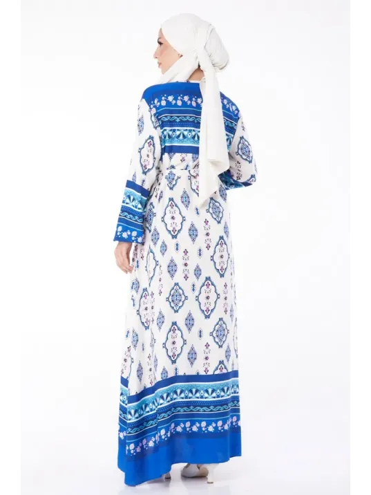 Düz Bisiklet Yaka Kadın Mavi Etnik Desenli Elbise