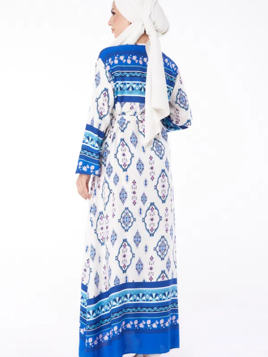 Düz Bisiklet Yaka Kadın Mavi Etnik Desenli Elbise Düz Bisiklet Yaka Kadın Mavi Etnik Desenli Elbise