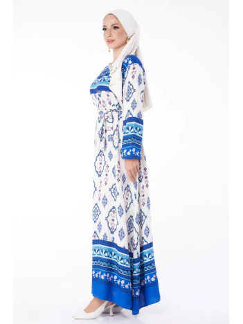 Düz Bisiklet Yaka Kadın Mavi Etnik Desenli Elbise Düz Bisiklet Yaka Kadın Mavi Etnik Desenli Elbise