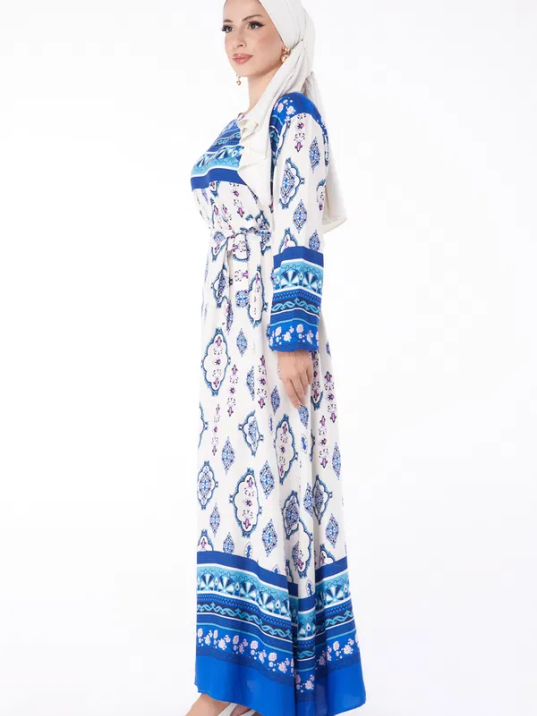Düz Bisiklet Yaka Kadın Mavi Etnik Desenli Elbise Düz Bisiklet Yaka Kadın Mavi Etnik Desenli Elbise