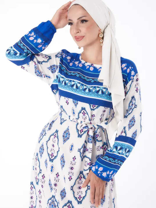 Düz Bisiklet Yaka Kadın Mavi Etnik Desenli Elbise Düz Bisiklet Yaka Kadın Mavi Etnik Desenli Elbise