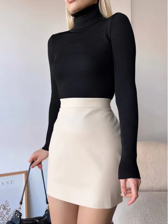 Düz Deri Etek Bej H24468