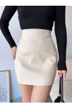 Düz Deri Etek Bej H24468
