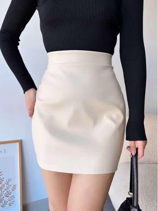 Düz Deri Etek Bej H24468