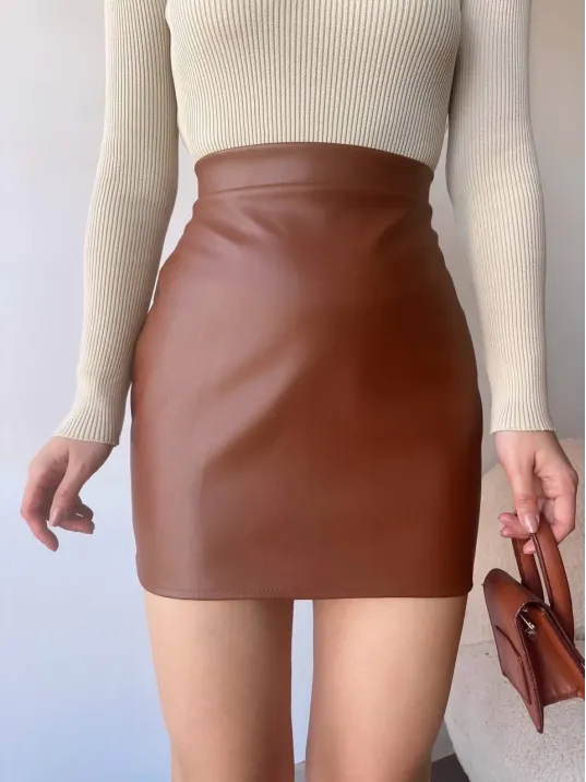 Düz Deri Etek Taba H24468