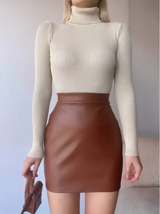 Düz Deri Etek Taba H24468