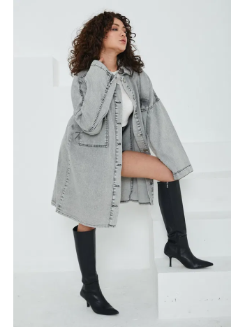 Düz Gömlek Yaka Kadın Gri Kuş Gözü Cepli Kot Ceket Düz Gömlek Yaka Kadın Gri Kuş Gözü Cepli Kot Ceket