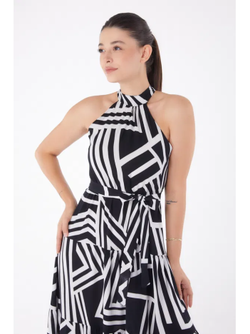 Düz Hakim Yaka Kadın Beyaz Desenli Reglan Kol Elbise