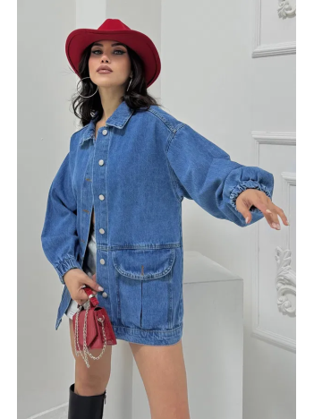 Düz Orta Kadın Mavi Cepli Kot Ceket