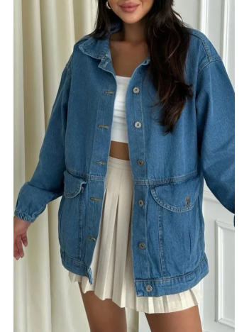 Düz Orta Kadın Mavi Cepli Kot Ceket Düz Orta Kadın Mavi Cepli Kot Ceket