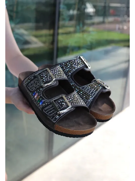 Edaj Kahverengi Nubuk Boncuk İşlemeli Terlik