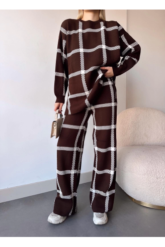 Ekoseli triko takım kahvebeyaz