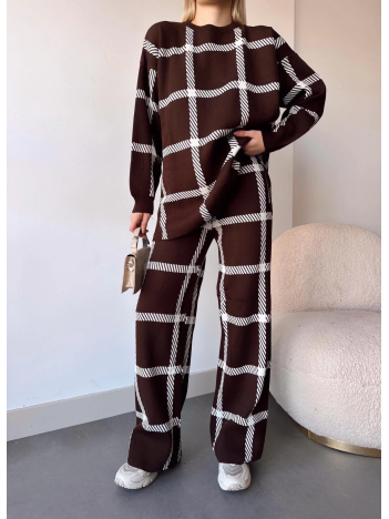 Ekoseli triko takım kahvebeyaz