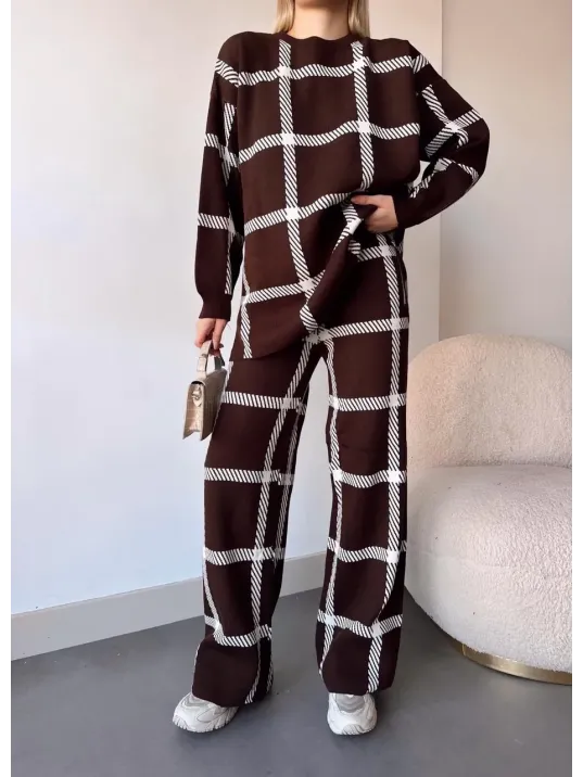 Ekoseli Triko Takım Kahvebeyaz