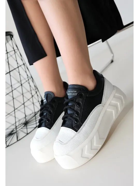 Emwa Siyah Cilt Bağcıklı Spor Ayakkabı