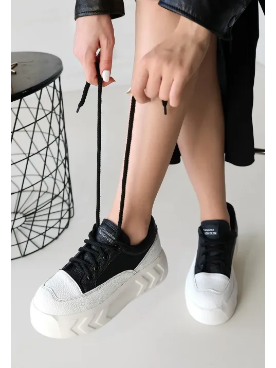 Emwa Siyah Cilt Bağcıklı Spor Ayakkabı