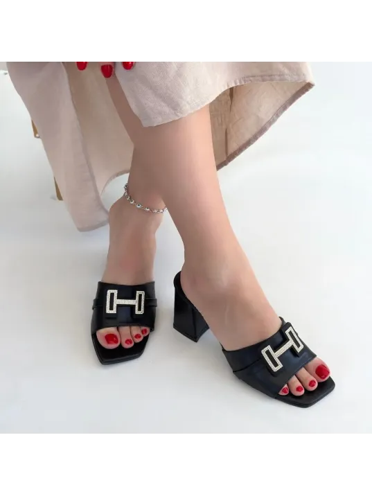 Erew Siyah Cilt Topuklu Terlik