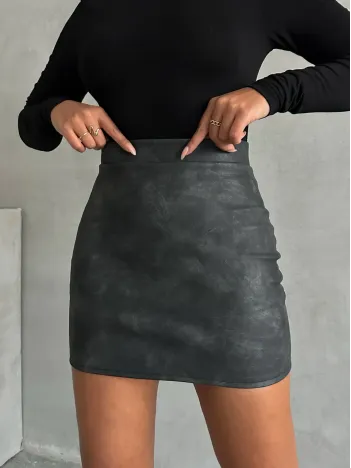 Eskitme Deri Mini Etek