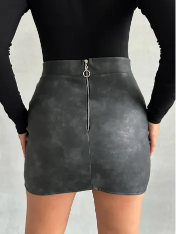 Eskitme Deri Mini Etek