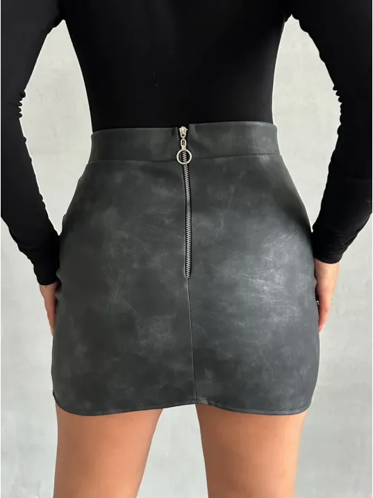 Eskitme Deri Mini Etek