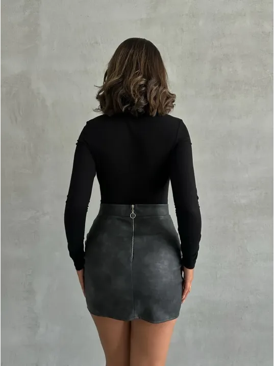 Eskitme Deri Mini Etek