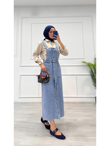 Etekli salopet enzim süper taş yıkama buz mavi d 2521 Etekli salopet enzim süper taş yıkama buz mavi d 2521