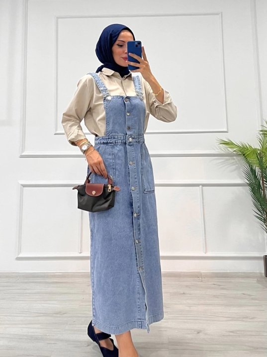 Etekli salopet enzim süper taş yıkama buz mavi d 2521 Etekli salopet enzim süper taş yıkama buz mavi d 2521