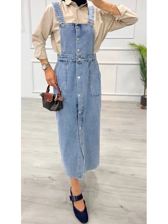 Etekli Salopet Enzim Süper Taş Yıkama Buz Mavi D 2521