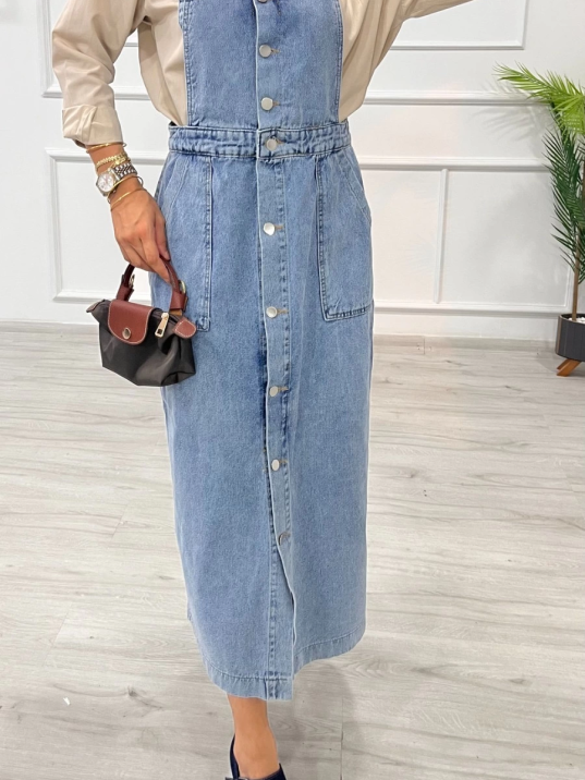 Etekli salopet enzim süper taş yıkama buz mavi d 2521 Etekli salopet enzim süper taş yıkama buz mavi d 2521