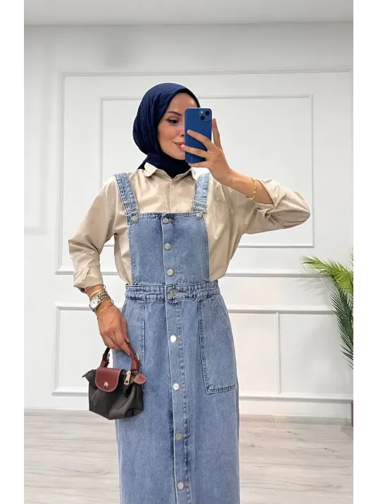 Etekli Salopet Enzim Süper Taş Yıkama Buz Mavi D 2521