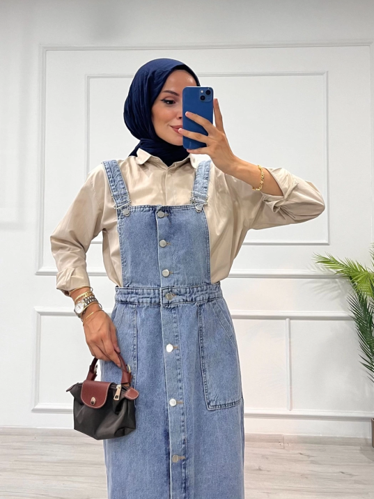 Etekli salopet enzim süper taş yıkama buz mavi d 2521 Etekli salopet enzim süper taş yıkama buz mavi d 2521